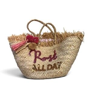 Large Straw Beach Bag ROSE’ ALL DAY Sequined On Front Plus Straw Tassels Lined
